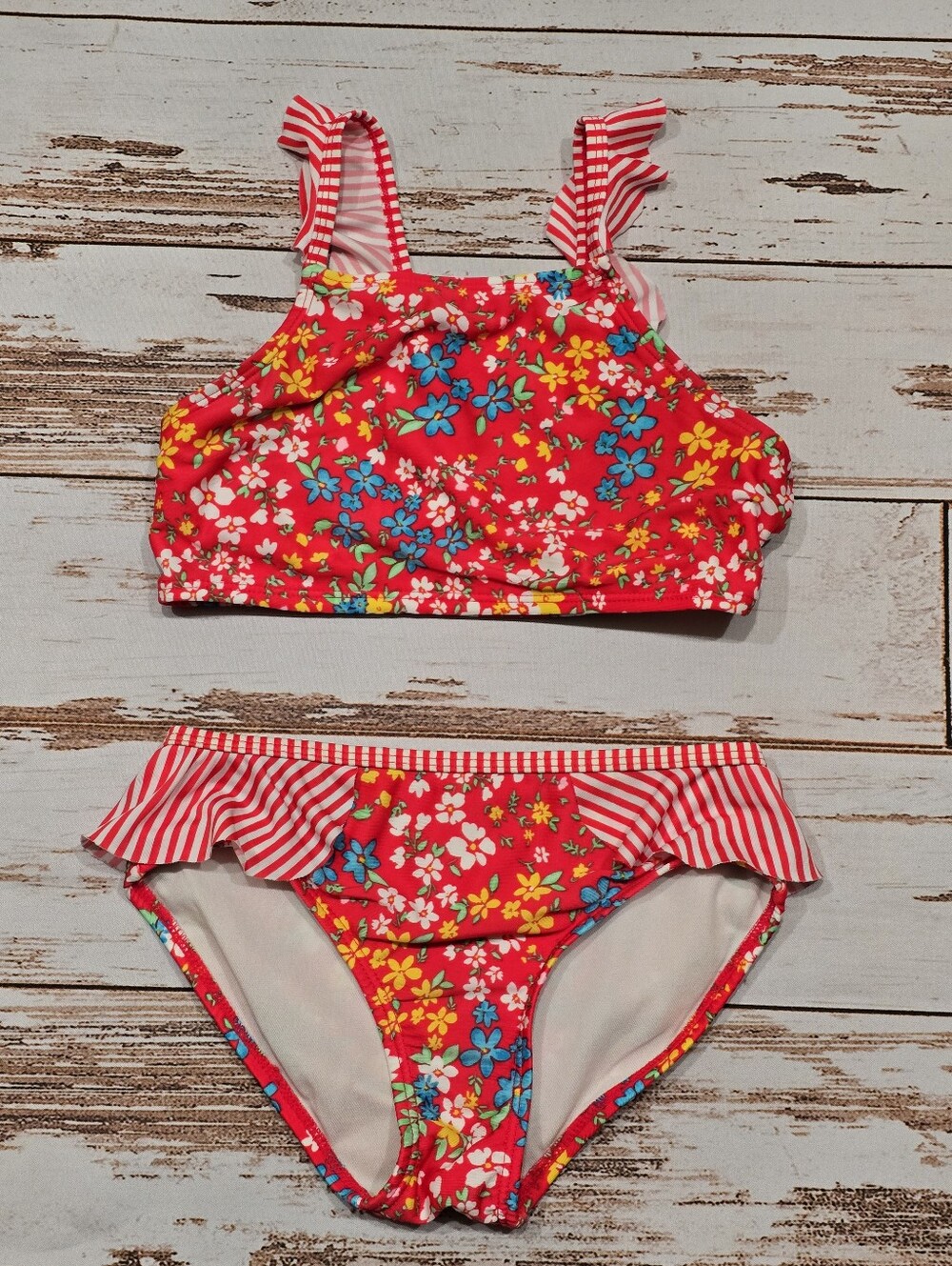Cat & Jack 2 Piece Bikini Swimsuit Orange Florak Ruffle Tankini Girls M 7/8